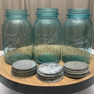VTG Lot of 3 circa 1923-1933 Blue Quart Ball Perfect Mason Jars with Zinc Lids